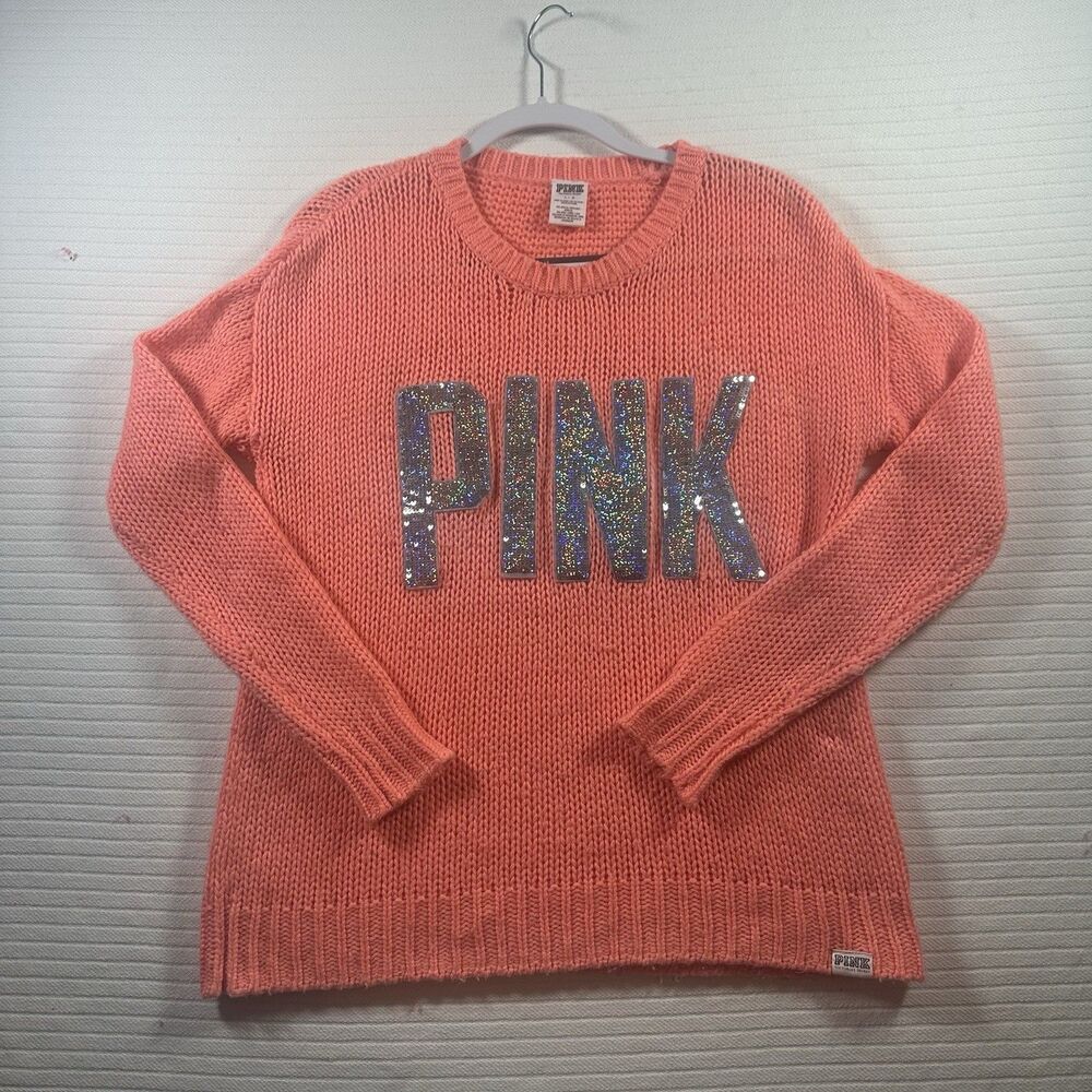 Victoria’s Secret PINK Sweater Women’s Large Coral Pink Sequin Logo